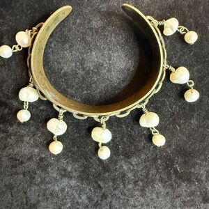Bohemian Brass Cuff Bracelet with Dangling Baroque Freshwater Pearls